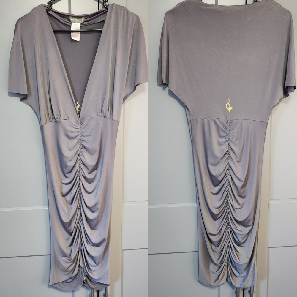 Vintage Y2K Baby Phat Gray Ruched V-Neck Midi Dress Gold Cat Logo Size Medium M